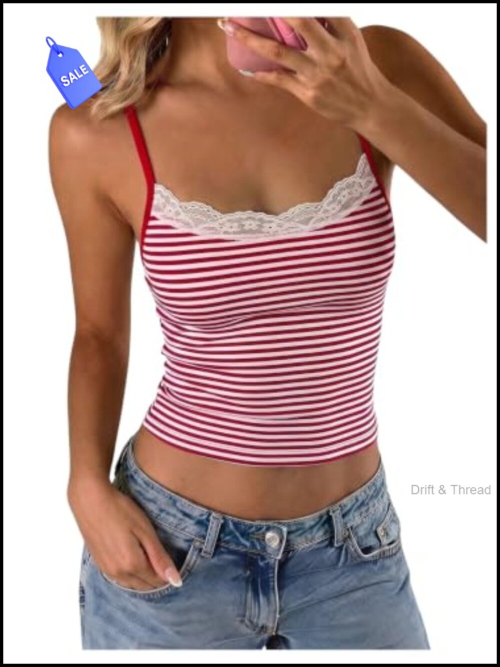 Women's Striped Lace Trim Spaghetti Strap Crop Tank Top Y2K Going Out